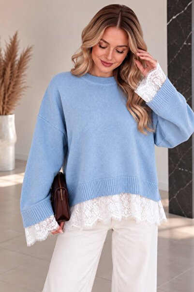 ikomteks Lace Detailed Crew Neck Oversized Knit Sweater