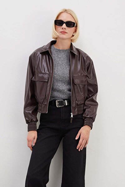 Fulla Moda Double Pocket Polo Collar Faux Leather Bomber Jacket