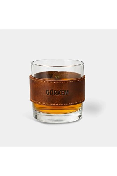 Deri Kaplı Cam Bardak 250 ml Koyu Taba Hakiki Deri El Yapımı