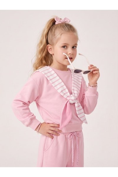 Zekids Kız Çocuk Çizgili Kapüşon Detaylı Sweatshirt ve Bol Paça Eşofman Takımı