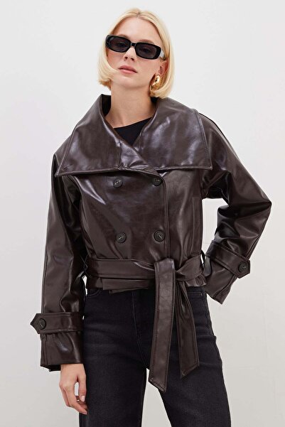 Fulla Moda Beli Kemerli Suni Deri Ceket