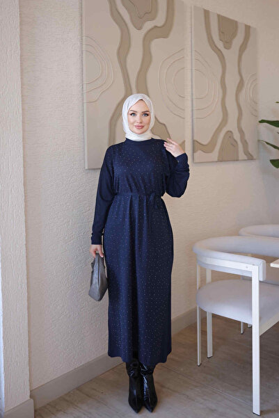 İmajButik Lacivert Merserize Taşlı Triko Elbise