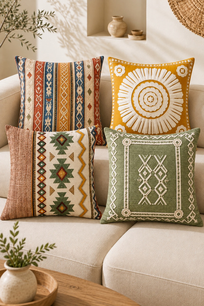 Decomia Home Çift Taraflı Etnik Desenli 4'lü Kırlent Kılıfı Seti (43x43 cm)