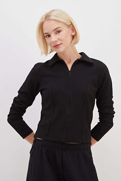Fulla Moda Yarım Fermuarlı Polo Yaka Slim Fit Modal Sweatshirt