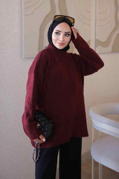 İmajButik Bordo Bisiklet Yaka Oversize Şardon Triko Kazak
