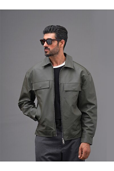Erkek Oversize Premium Deri Görünümlü Kapaklı Cep Detaylı Fermuarlı Ceket