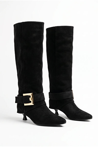 uqpe Women's Knee-High Buckle-Strapped Goblet Heeled Pointed Toe Covered Long...
