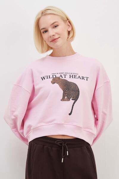 Fulla Moda 3 Threaded Tiger Print Oversize Sweatshirt