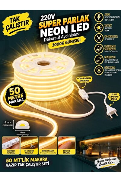 ECONA 50 METRE 3000K GÜNIŞIĞI 220V Neon LED Şerit ,Tak Çalıştır Set, Fişli An...