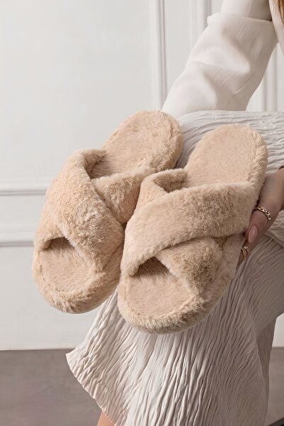 FUGA MODA Krossa Beige Cross-Strapped Plush Women's Winter House Slippers