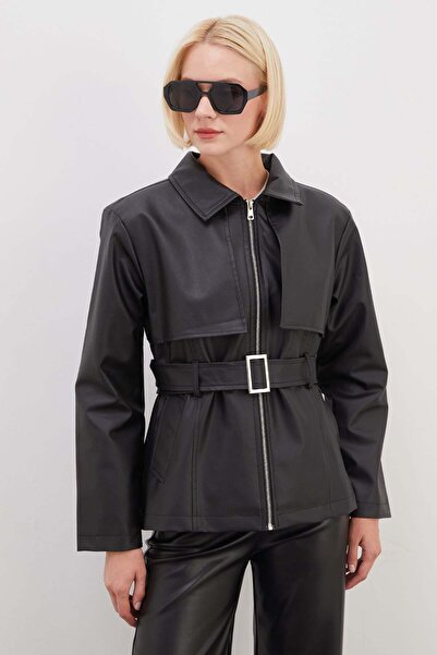 Fulla Moda Cape Detailed Belted Faux Leather Coat