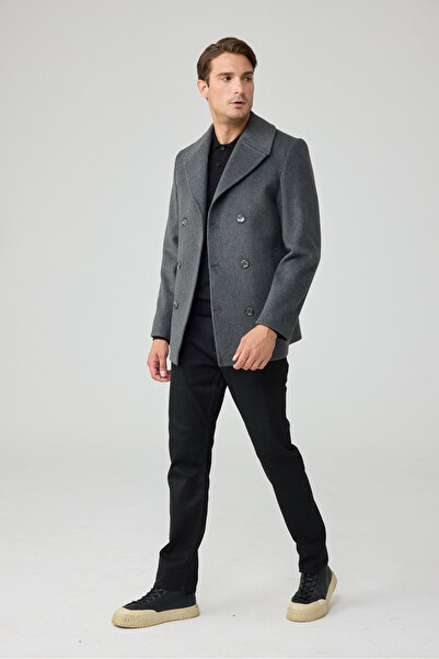 Danger Men's Relaxed Fit Wool Double-Breasted Cashmere Overcoat Gray 4350Dngr