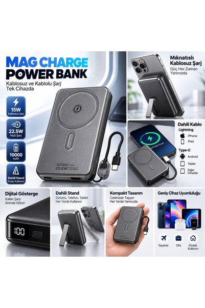 Nomker Samsung Galaxy S25 Ultra Uyumlu Manyetik Kablosuz Powerbank Standlı, Dijital Göstergeli Taşınabilir Hızlı Şarj Cihazı