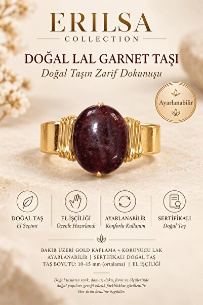 Erilsa Sertifikalı Lal Garnet Taşı Doğal Taş Yüzük Gold Kaplama Bakır Kasa Ay...