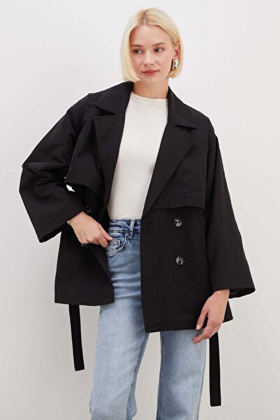 Fulla Moda Pelerinli Kuşaklı Geniş Kol Oversize Trençkot