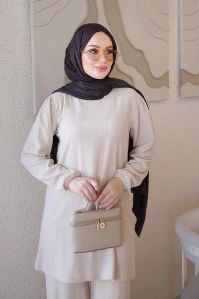 İmajButik Stone-Colored Tunic and Pants Set