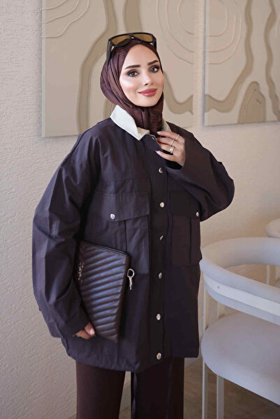 İmajButik Kahverengi Fermuarlı Çıtçıtlı Bağlamalı Garnili Ceket