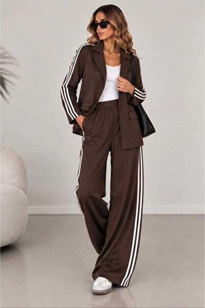 QİMYA BUTİK Buketli̇ Women's 3-Stripe Knitted Steel Fabric Jacket and Pants T...