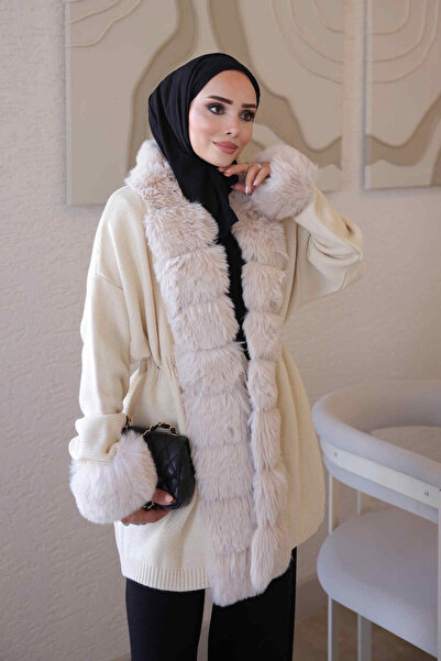İmajButik Cream Waist-Tied Knitwear Cardigan with Fur Detail