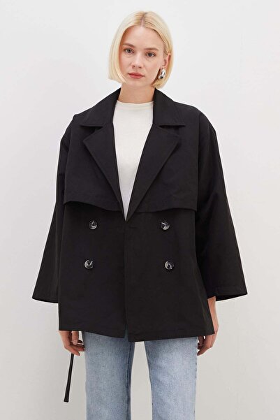 Fulla Moda Pelerinli Kuşaklı Geniş Kol Oversize Trençkot