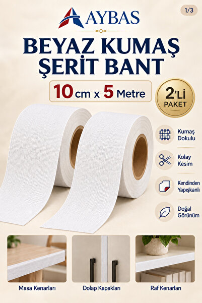 Aybas 10 cm x 5 Metre 2'li Beyaz Kendinden Yapışkanlı Ahşap Desenli Kumaş Fol...