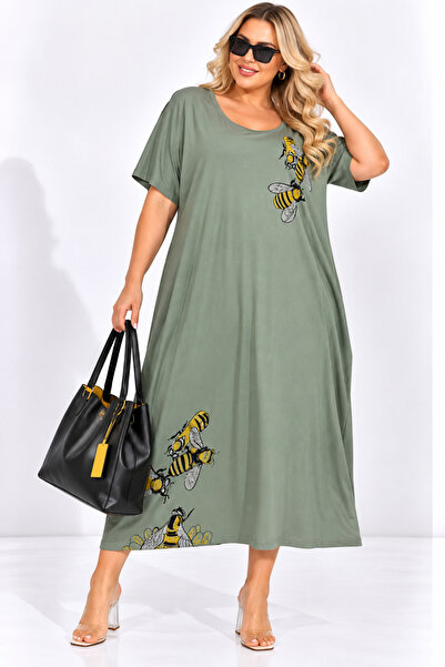 Trieste Plus Size Bee Printed Stone Embellished Long Women's Dress with Sleev...