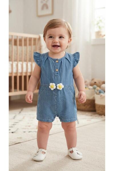 Sinem Çeyiz Ncxs 252227 Girls Floral Ruffle Denim Jumpsuit Salopet