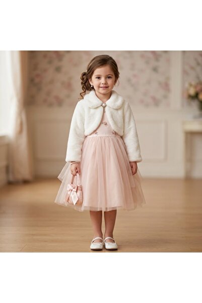 CUBBUX Girls' Plush Bolero Jacket - Fur with Pearls for Weddings and Birthdays