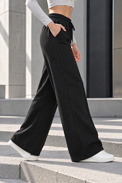 QUHOX Women's High Waist Wide Leg Palazzo 3 Thread Sweatpants - Black