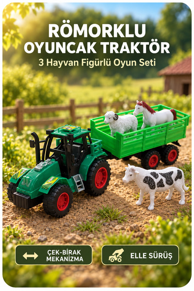 indirimsevinci Römorklu Oyuncak Traktör 3 Hayvan Figürlü 5 Parça Çek Bırak Çi...