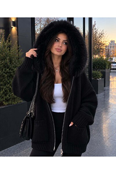ANUBİS Kadın Peluş Detaylı Kapüşonlu Fermuarlı Selanik Örgü Triko Hırka
