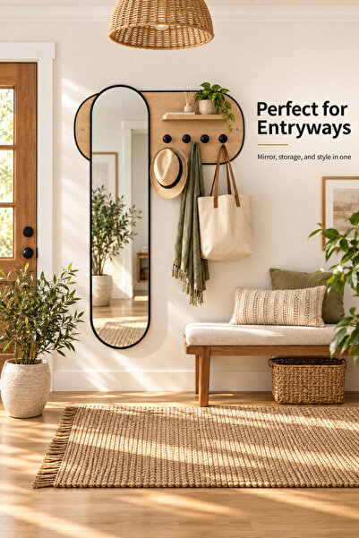 Generic Brand Modern wooden full-length wall-mounted mirror with coat hooks a...