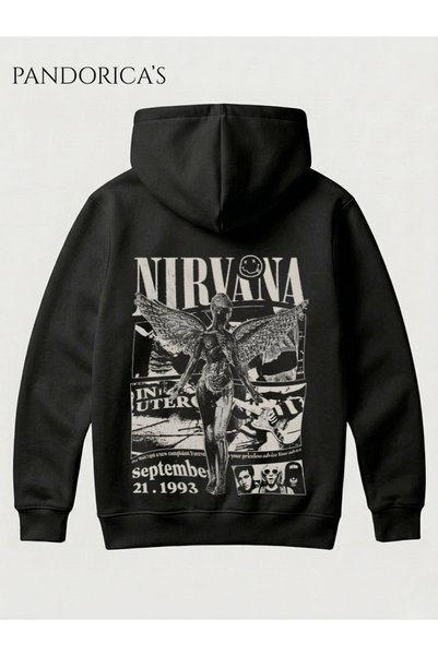 PANDORICA NIRVANA "IN UTERO" Tasarımı Yazılı SIRT Baskılı Unisex Kapüşonlu Pa...