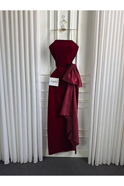 Angelinaa Dark Burgundy Long Evening Gown Featuring a Luxurious Design with S...