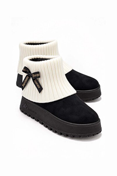 CCWAY AYAKKABI Knitted, Bowknot, Furry Children's Boots 31-35 Black
