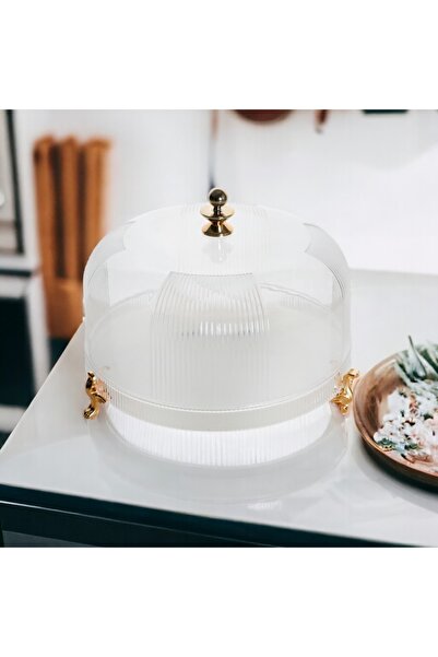 SOLETER Luxury Acrylic Cake Serving Dish with Lid, Gold 30cm – Round Tray wit...