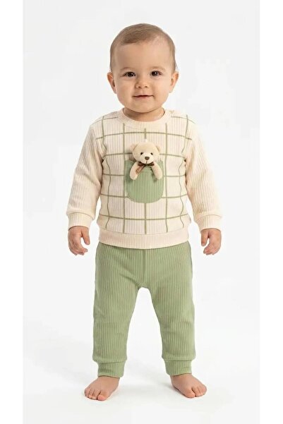 tomofil Baby Kids Knitwear Set – Ecru Square Patterned Teddy Bear Figured Top...