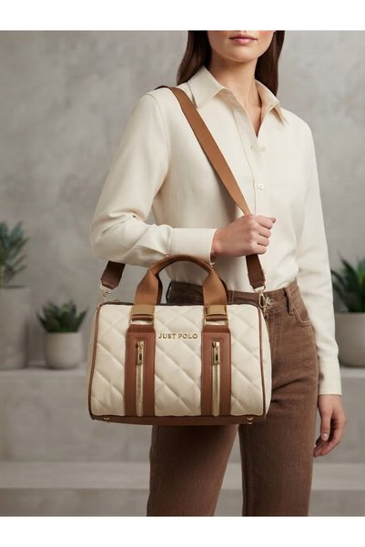 Just Polo Women's Cream-Brown Large Size Long Strap Hand and Shoulder Bag-Bd4...