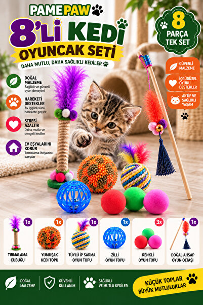 PAMEPAW 8’li Oyun Seti :Tüylü Zilli Olta , Tüylü Peluş Top, Çıngıraklı Top , ...