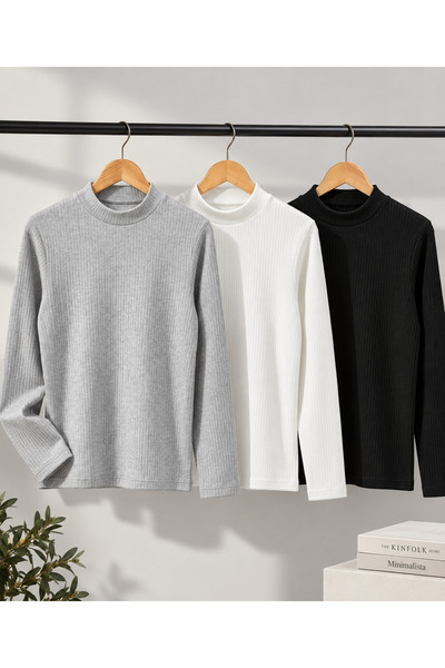 BABİDO Çocuk Unisex 3'lü Ribana Yarım Balıkçı Yaka Uzun Kollu badi Seti Gri s...