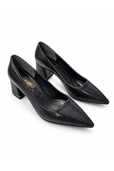 NiceDiffer Women's Croco Pointed Toe Thick Heeled Stylish Classic Shoes