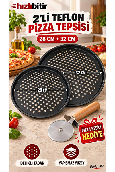 ByMyHand Teflon Kaplama Siyah Yanmaz Yapışmaz Pizza Tepsisi 2'li Set 28 32 Cm...
