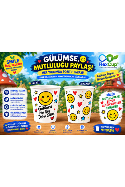 Smile Desenli 7 Oz Karton Bardak – Renkli Gülen Yüz Baskılı Çay Kahve Parti ve Etkinlik Bardağı - 100 Adet