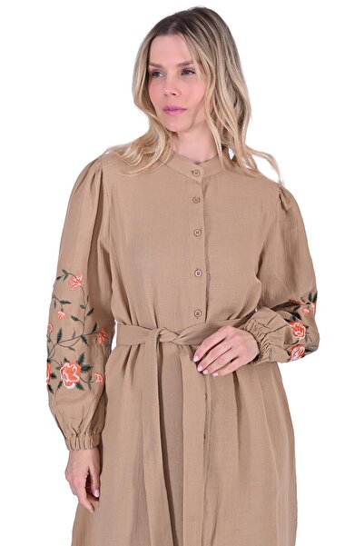 Invee Embroidered Sleeve Dress Camel