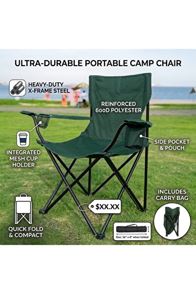 GENERAL Portable Folding Camping Chair with Armrests & Cup Holder – Outdoor P...