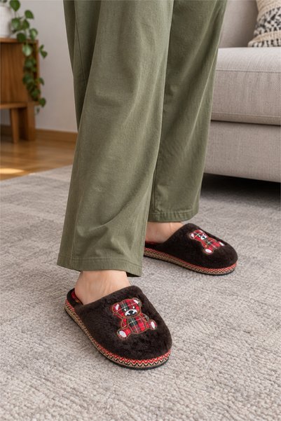 Platana Women's Plush Comfortable House Slippers - Teddy Bear Appliqué, Plaid Lining, Winter Faux Fur