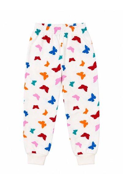 Fil Kids Girl's Cotton Fabric White Colorful Butterflies Patterned Long Sleeve Seasonal Pajama Set