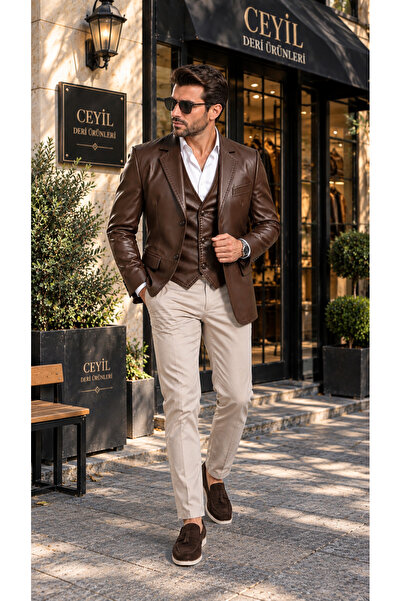 CE-YIL DERİ ÜRÜNLERİ Genuine Leather Blazer Jacket and Vest Set Combination