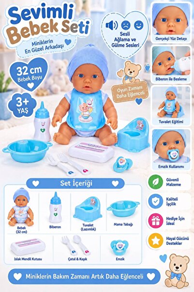 BYCEGU 32 Cm Mavi Renk Sesli Ağlayan ve Gülen Oyuncak Bebek – Biberonlu, Emzi...