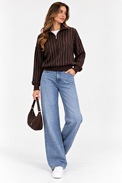 Çizgili Yarım Fermuarlı Relaxed Fit Triko Kazak